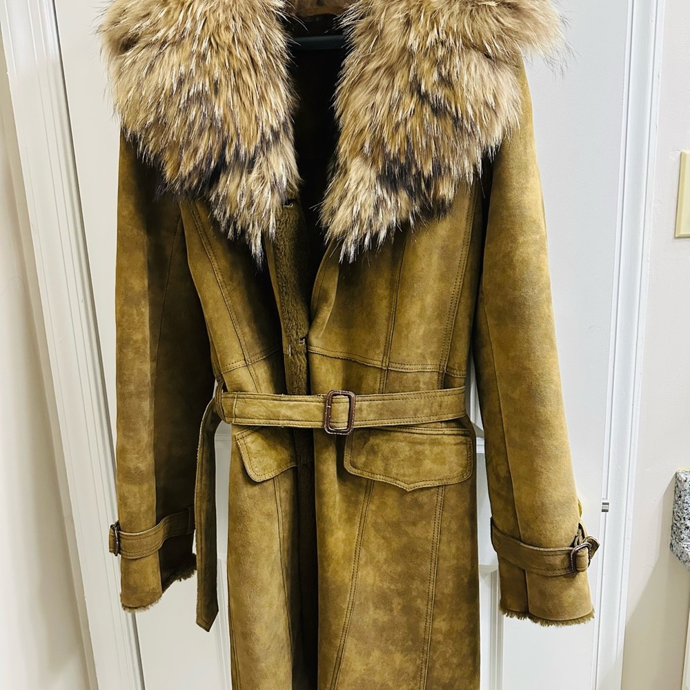Luxury Shearling Lamb Skin & Raccoon Tan Fur-Trimmed Coat
